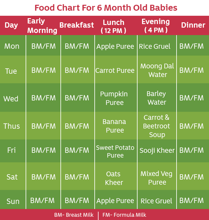 food chart for 6 month old baby