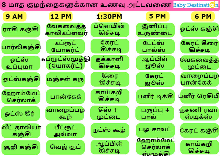 8 மாத குழந்தைகளுக்கான உணவு அட்டவணை மற்றும் ரெசிபி | 8 Month Baby Food