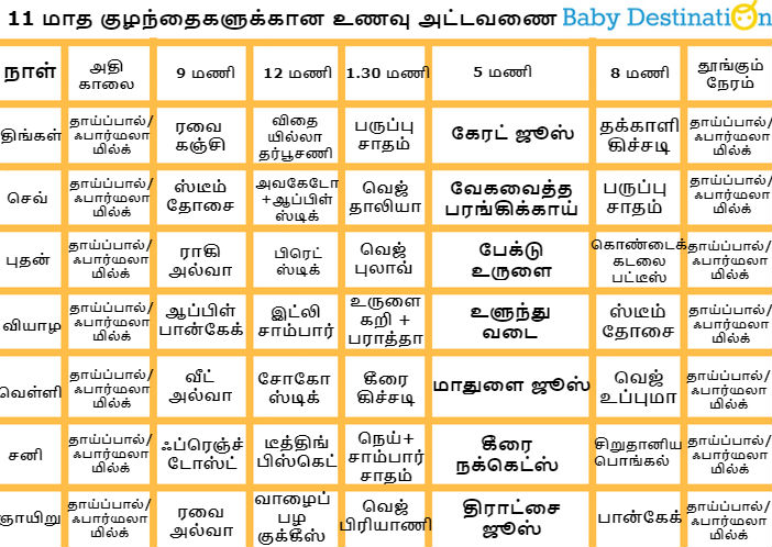 11 மாத குழந்தைகளுக்கான உணவு அட்டவணை | 11 Month Baby Food Chart in Tamil